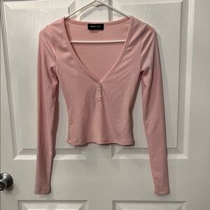 White Fox Pink Long Sleeve V-Neck Henley Top